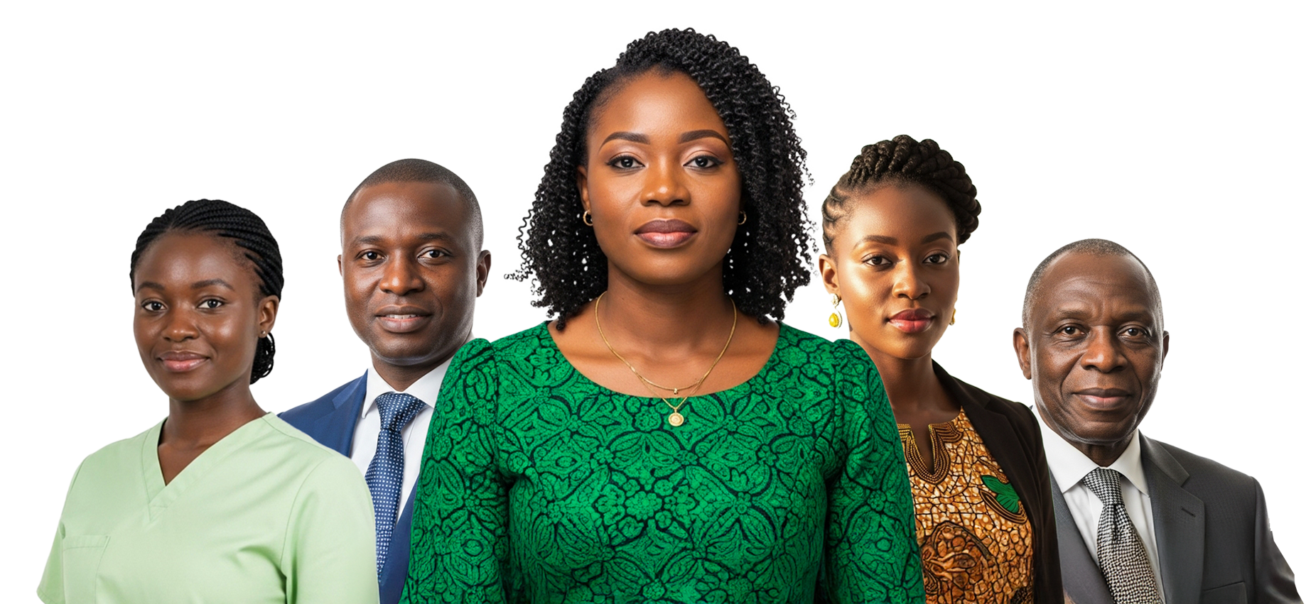 Five Nigerian workers standing together: a nurse in scrubs, two in office dress, and two in business attire.
