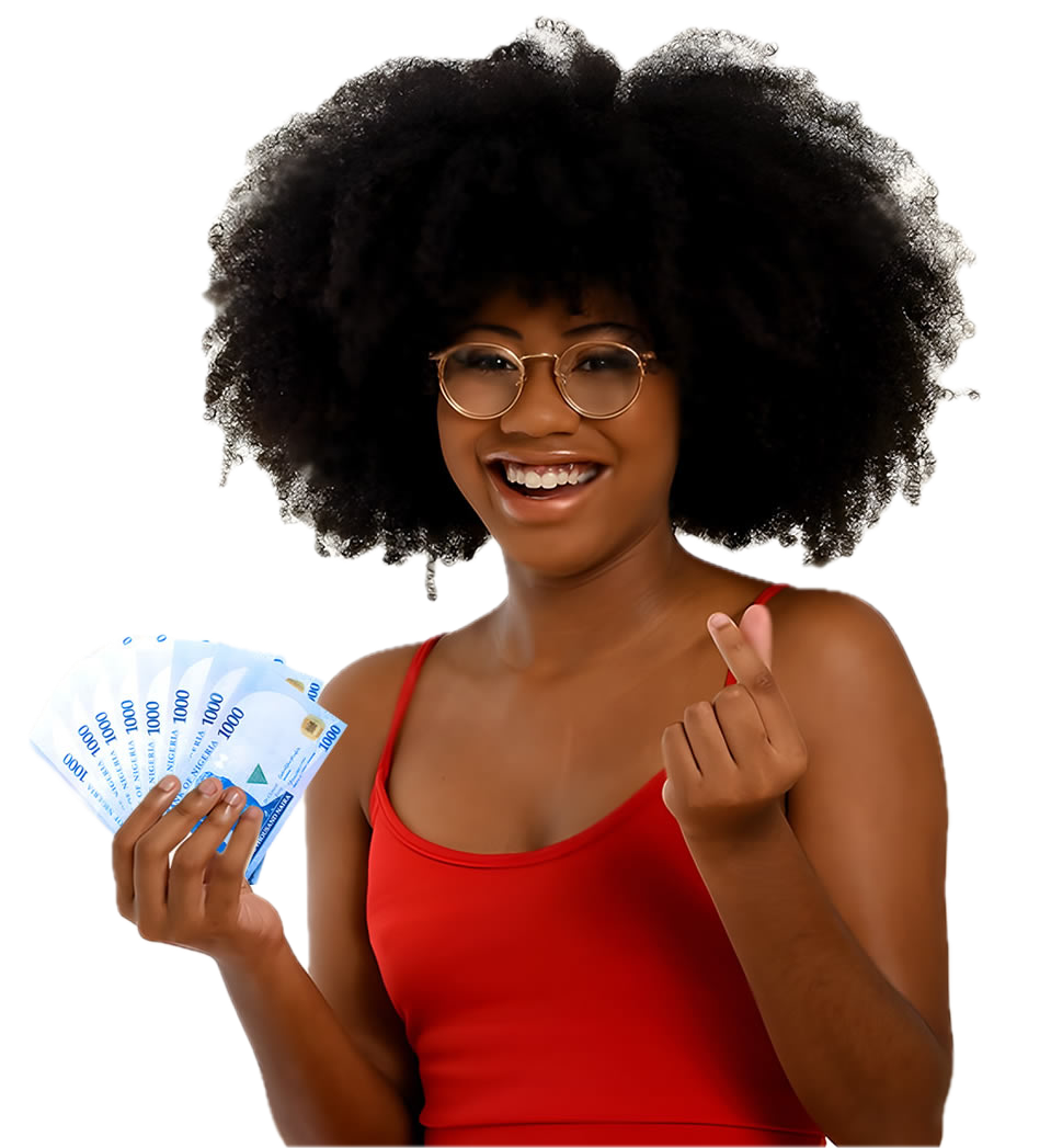 A customer smiling and holding a fan of ₦1,000 notes.