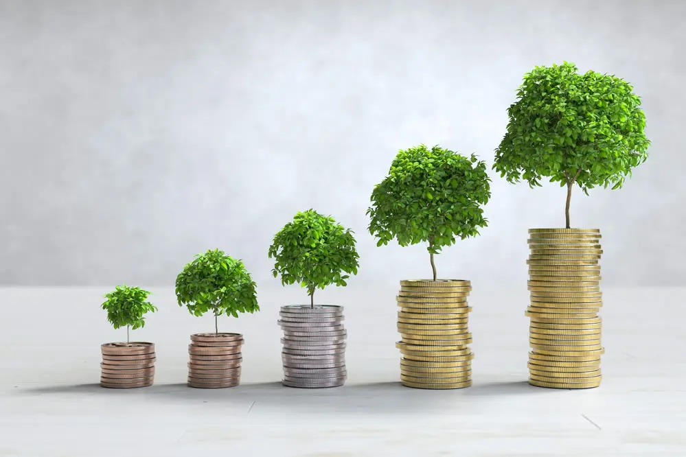 Saplings growing from rising stacks of coins.